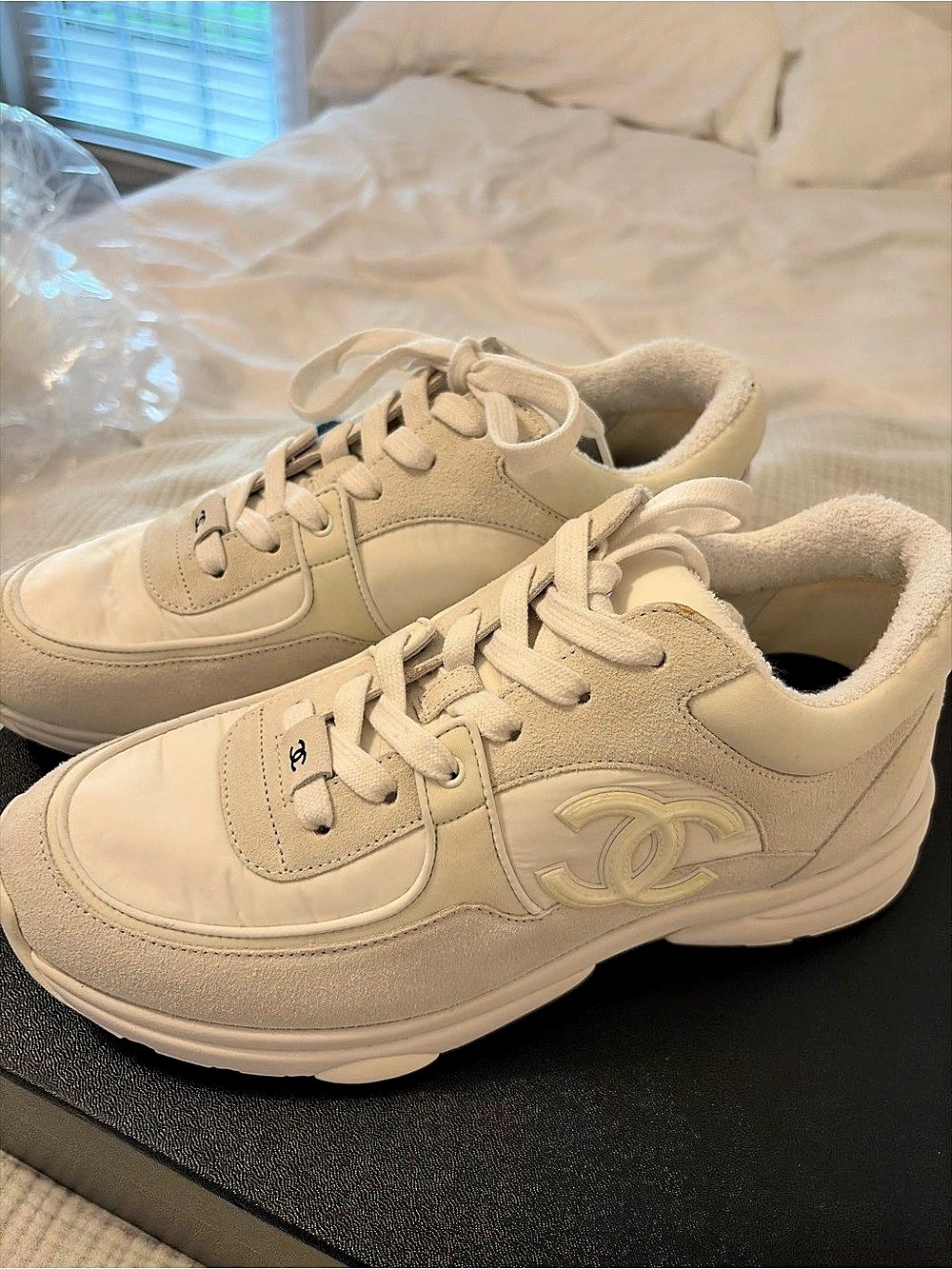 Chanel CC Logo White Sneakers Women's Cream